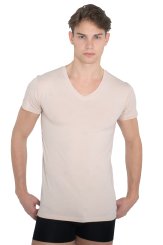 Laser cut invisible seamless undershirt with short sleeves stretch cotton  beige