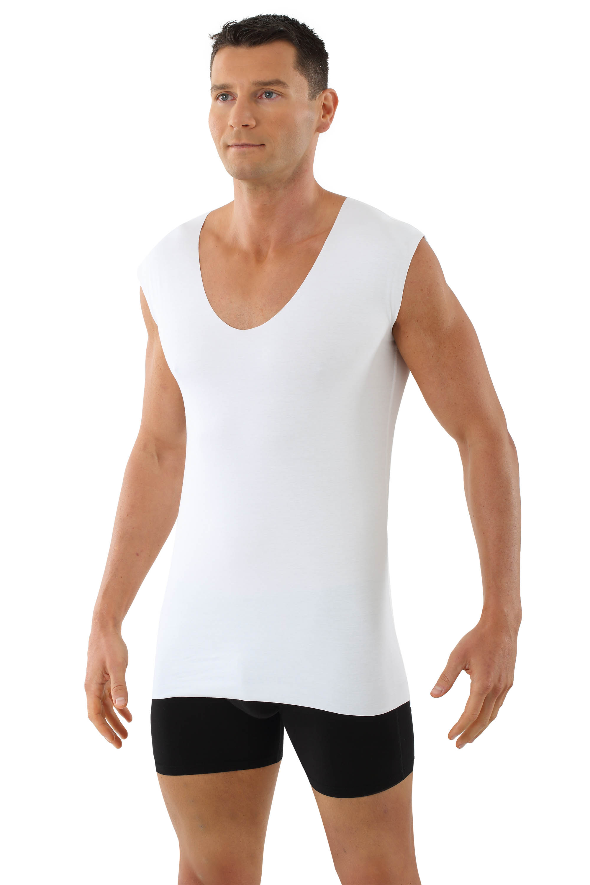 Laser cut seamless deep v-neck undershirt sleeveless stretch cotton white