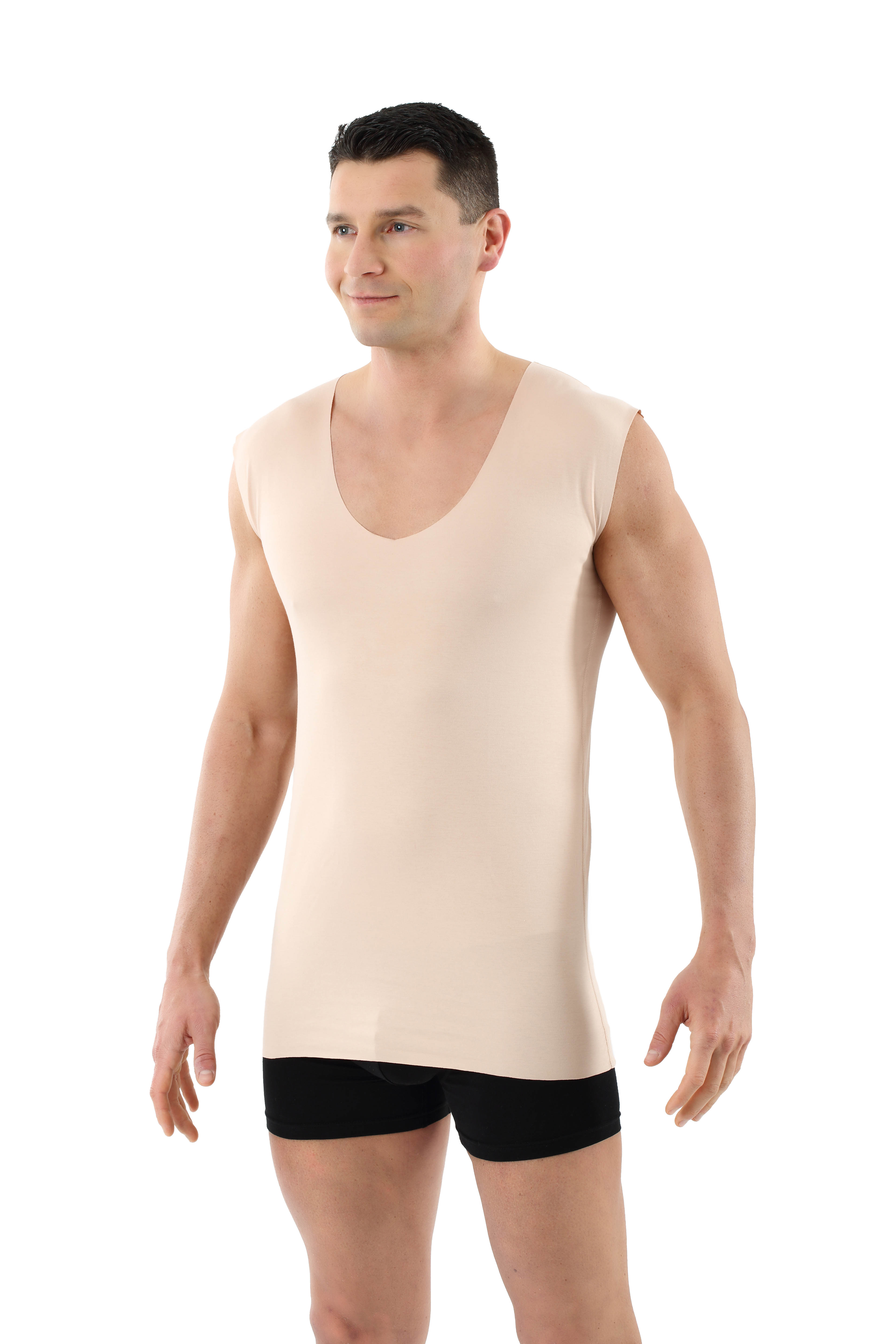 ALBERT KREUZ  Laser cut invisible seamless deep v-neck undershirt  sleeveless stretch cotton beige