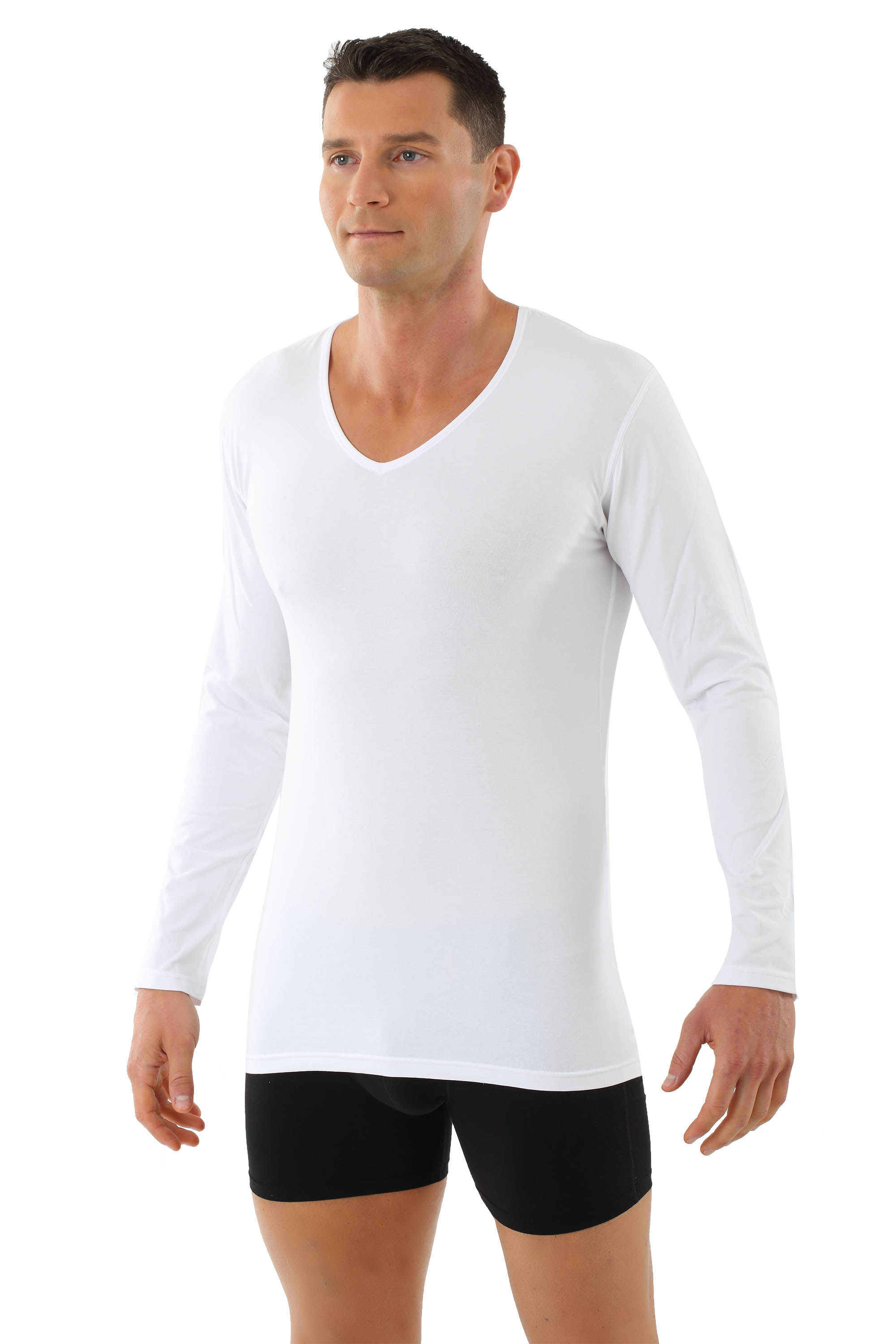 Albert Kreuz Men S Long Sleeve Undershirt With V Neck Organic Stretch Cotton White