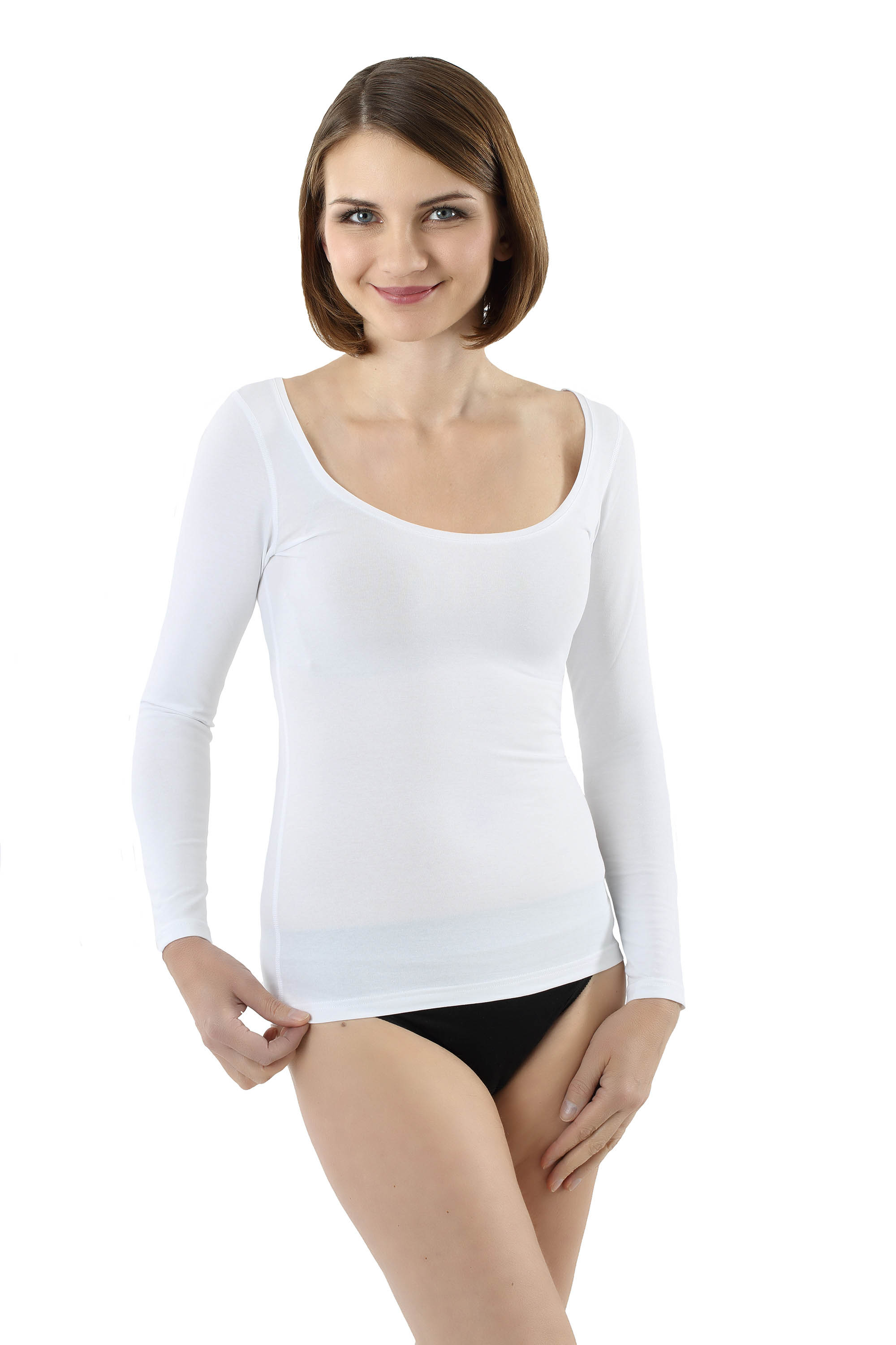 Albert Kreuz Women S Long Sleeve Undershirt With Deep Scoop Neck Stretch Cotton White