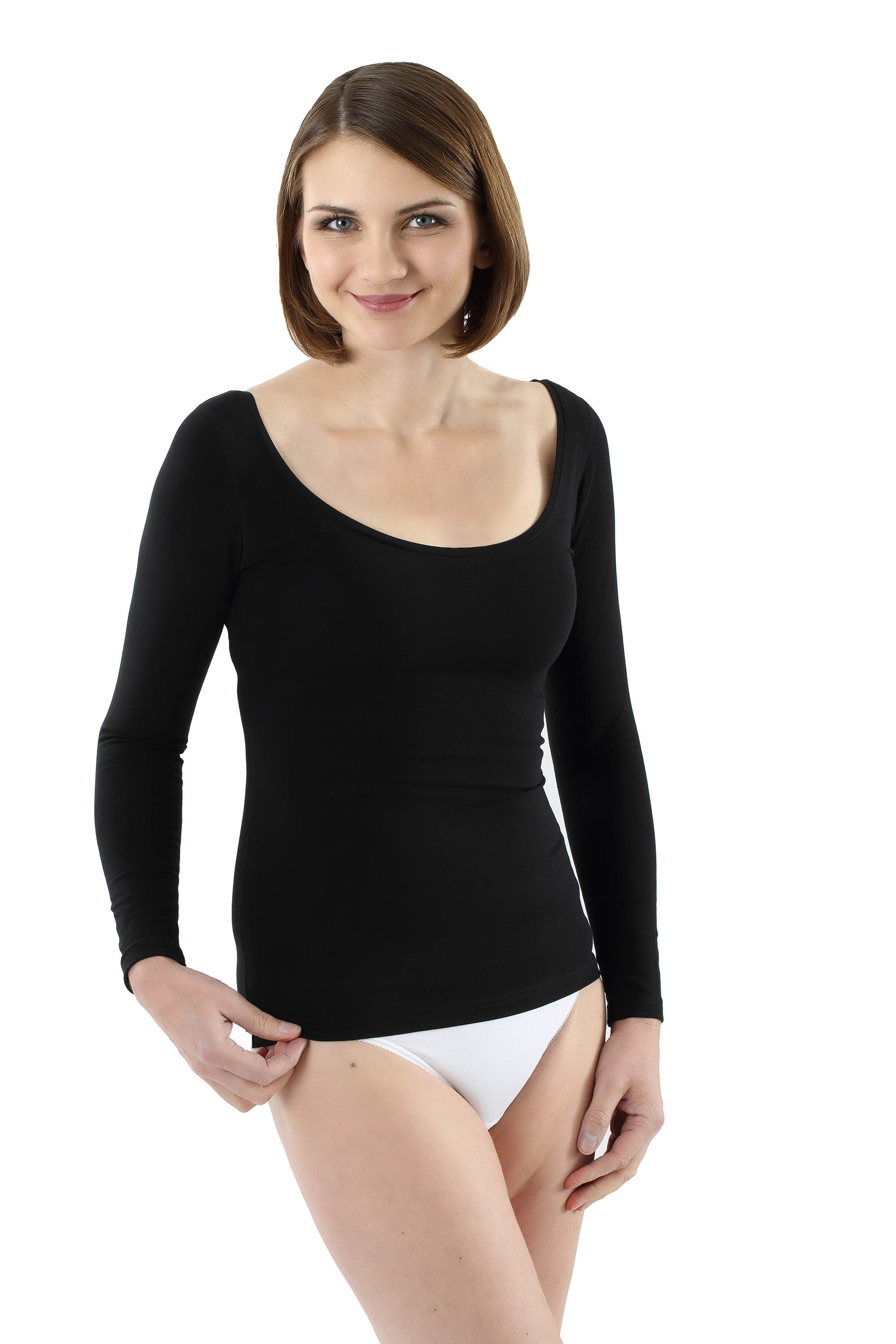Women's long sleeve undershirt with deep scoop neck stretch cotton black