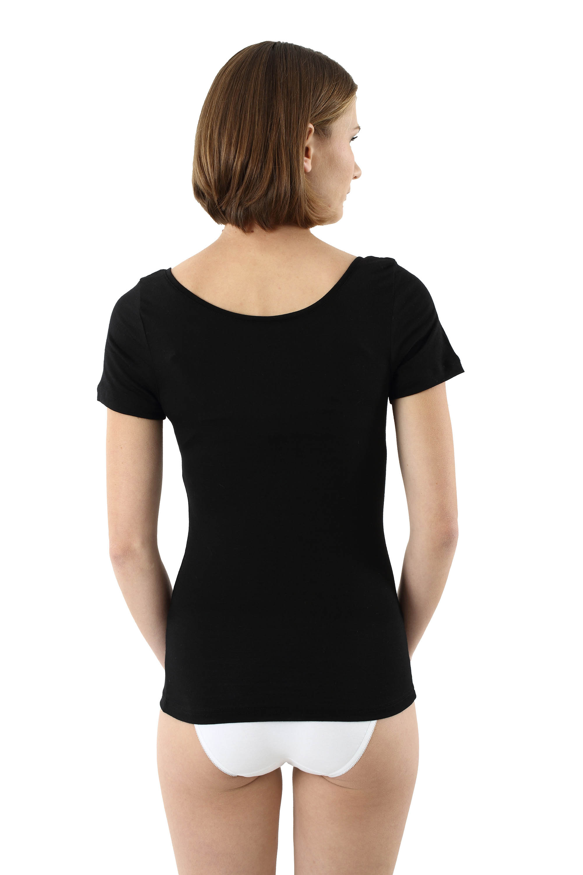 Womens Merino Wool Undershirt Deep Scoop Neck Short Sleeves Black